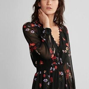 Express Sheer Black Midi Dress with Floral Design
